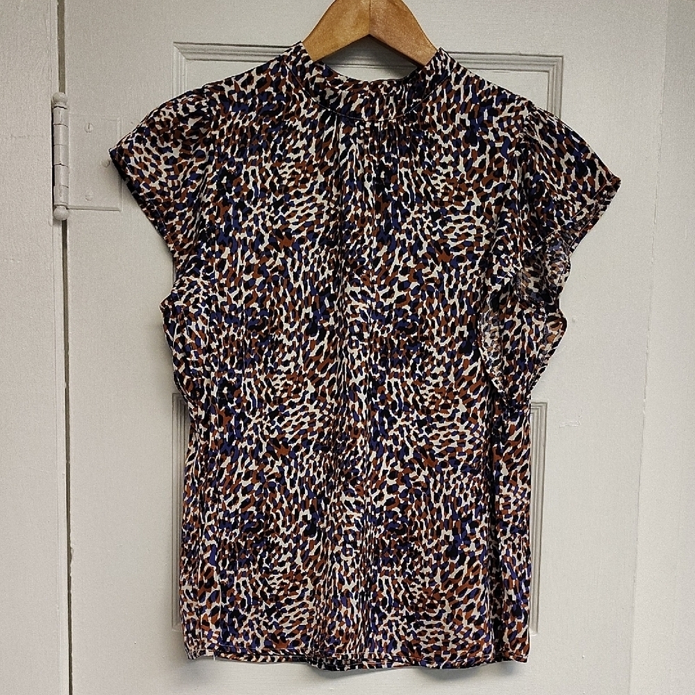 Nine West Blouse Size Medium Purple Brown Print Ruffle Sleeve Business Top